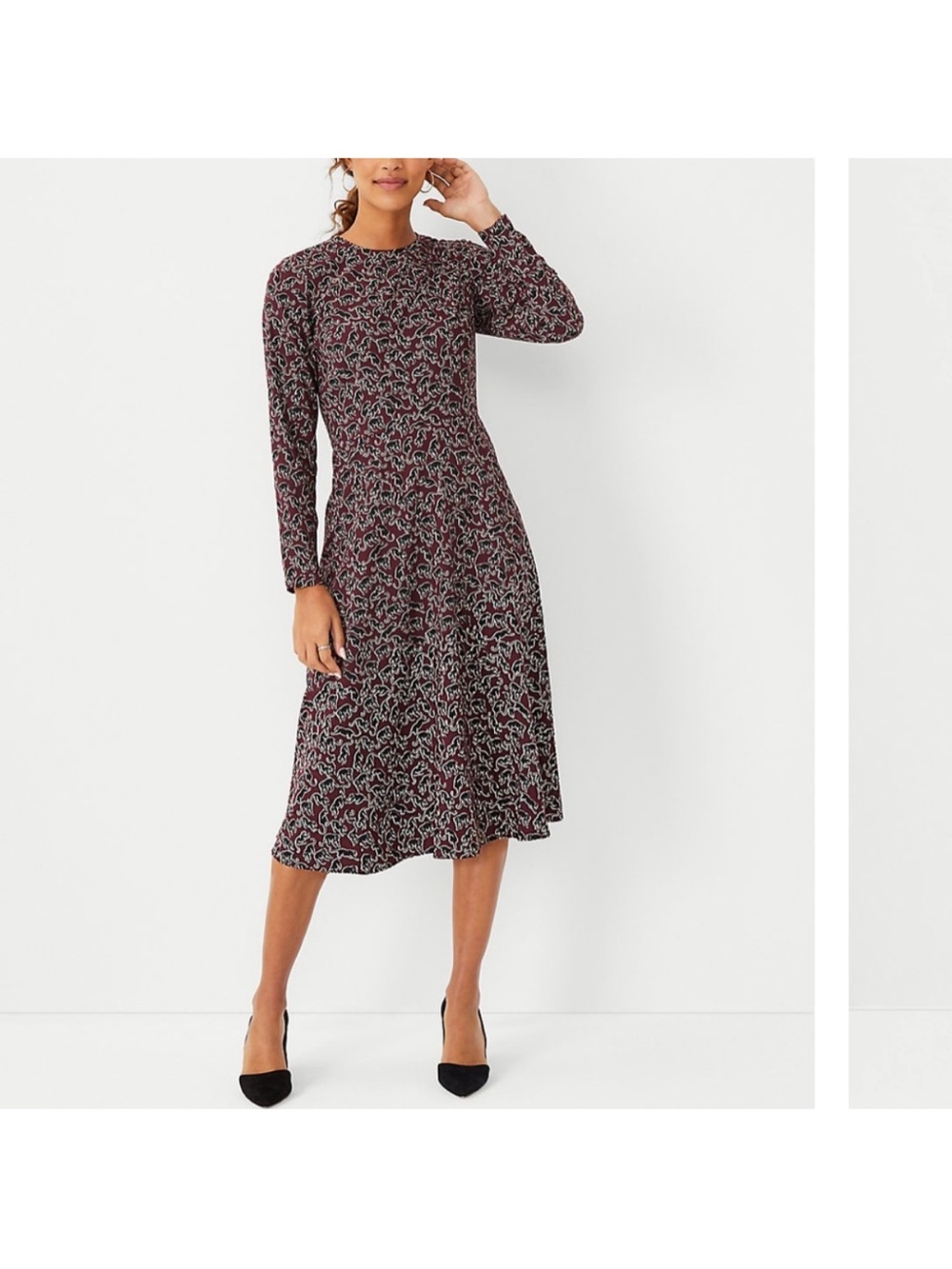 Ann Taylor Burgundy and Black Long-Sleeve Printed A-Line Dress size 14 - Picture 2 of 7